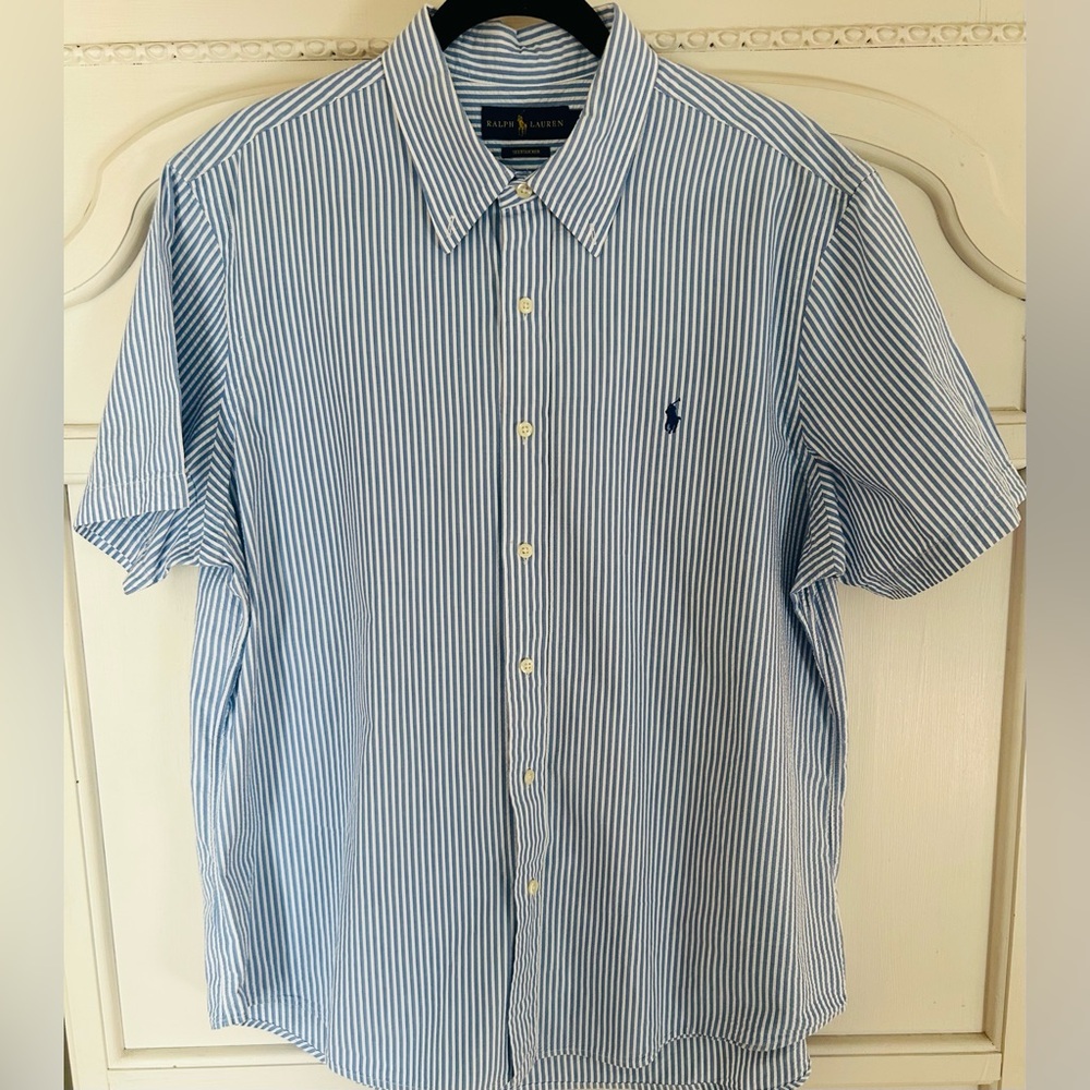 Ralph Lauren Men's Seedsucker Stripped Short Sleeve Shirt Size XL Blue Pony